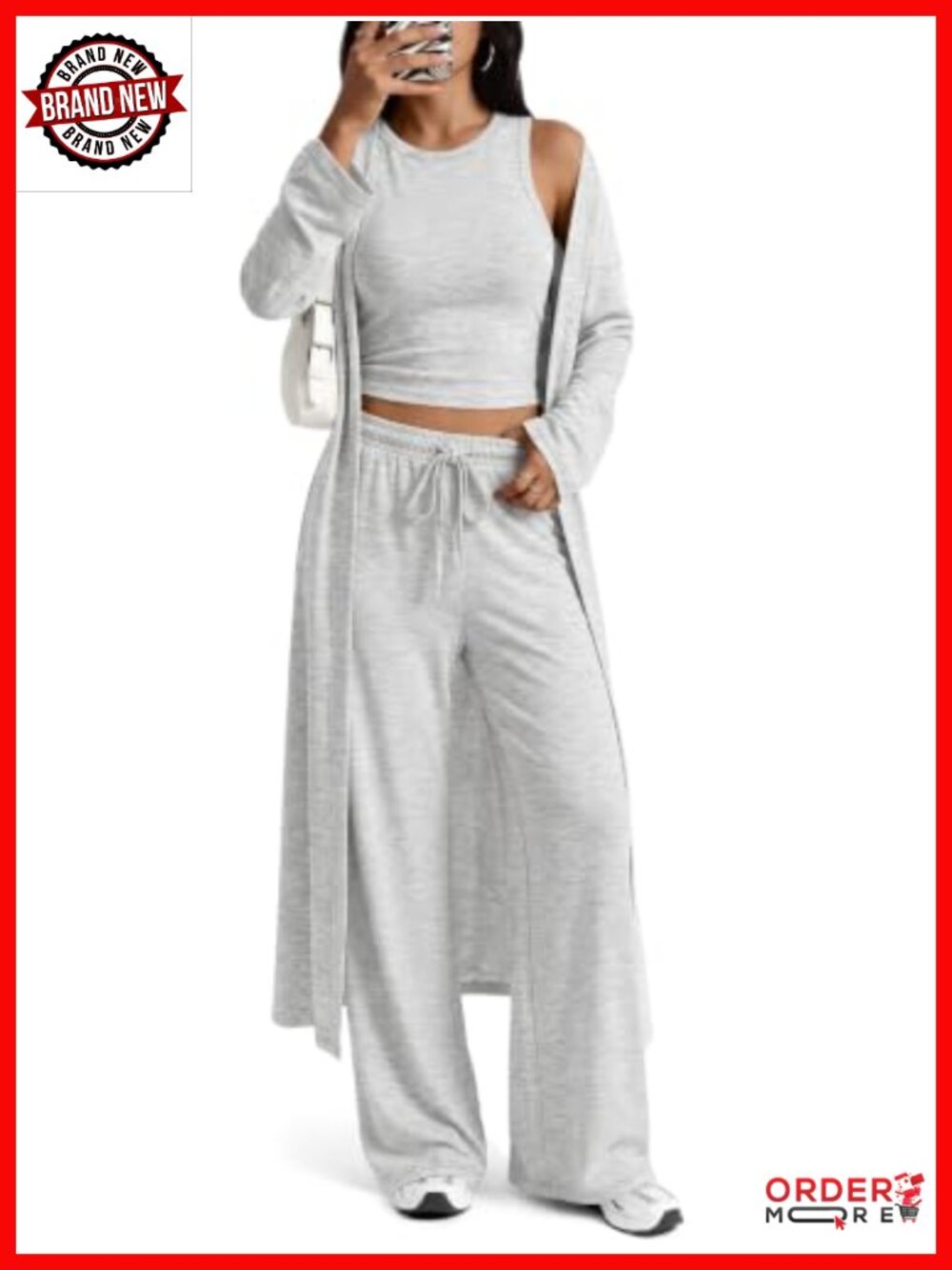 3 Piece Lounge Set Wide Leg Pants Duster Cardigan Crop Tank Travel Outfit